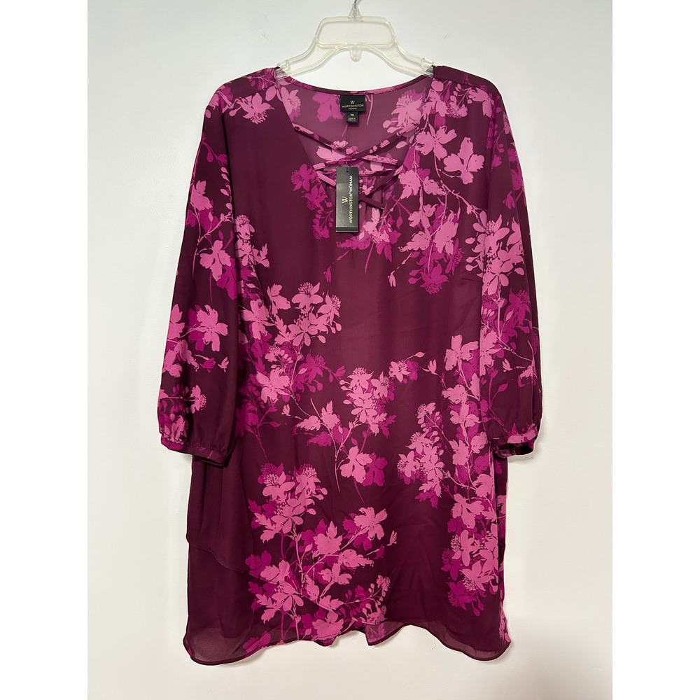 Worthington Woman Isabella Floral Tunic Top Plum Pink Crisscross V-Neck 1X NEW